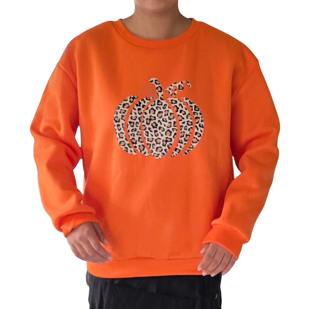 Orange Leopard Print Pumpkin Halloween Graphic Sweatshirt Crewneck‎ Pullover